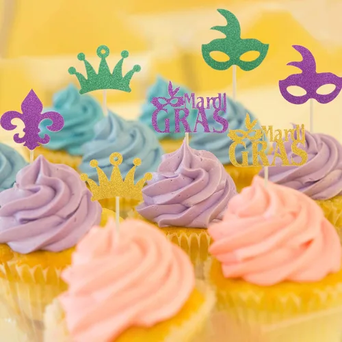 Vista 6 de 48 piezas con purpurina Mardi Gras para cupcakes para mascarada, decoración de fiesta de cumpleaños