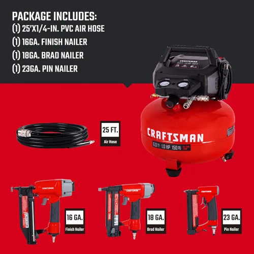 Vista 2 de Craftsman Compresor de Aire Tipo Panqueque de 6 Galones Kit Combo de 4 Herramientas, 150 PSI, Libre de Aceite, Incluye Clavadora de Acabado 16GA