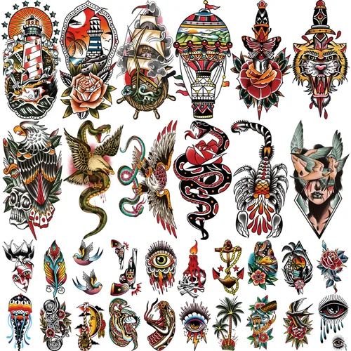 Vista 13 de 77 hojas de tatuajes temporales para mujeres y hombres, 17 hojas de tatuajes falsos de medio brazo de flores de playa, calaveras, atardeceres, 60