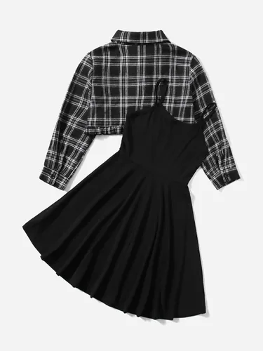 Vista 2 de Floerns Vestido corto para niñas y camisa con estampado a cuadros, conjunto de 2 piezas