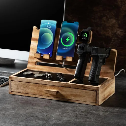 Vista 2 de DGWJSU Estación de acoplamiento para teléfono como regalo para hombres, estante de pistola de madera como organizador de mesita de noche para caja