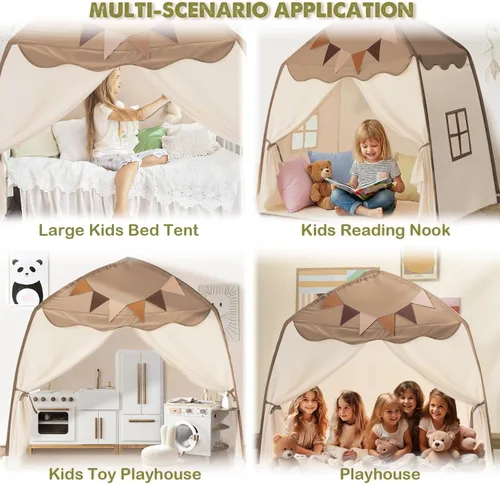 Vista 4 de Tienda de Juegos Extra Grande para Niños con Banderas y Luces de Estrella, Tipi Portátil y Plegable, Tiendas de Cama Dosel de Cama para Niños