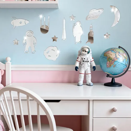Vista 5 de 14 calcomanías de pared de espejo de cohete espacial de astronauta, calcomanías de pared de planeta del espacio exterior, decoración de dormitorio