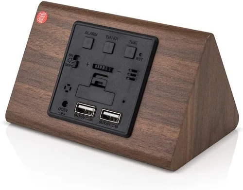 Vista 3 de Moderno reloj despertador con indicador de temperatura y calendario con diseño triangular de madera con luces led. Gearonic TM. Marrón