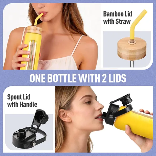 Vista 34 de Botella de agua Kodrine con pajita, botella de vidrio de 24 oz con 2 tapas, una de pajita de bambú y otra con pico y asa, botella de vidrio