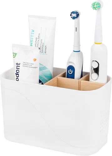 Vista 20 de Soportes para cepillo de dientes con drenaje para baños, soporte para cepillo de dientes de 4 ranuras con divisores de bambú, organizador de cepillo