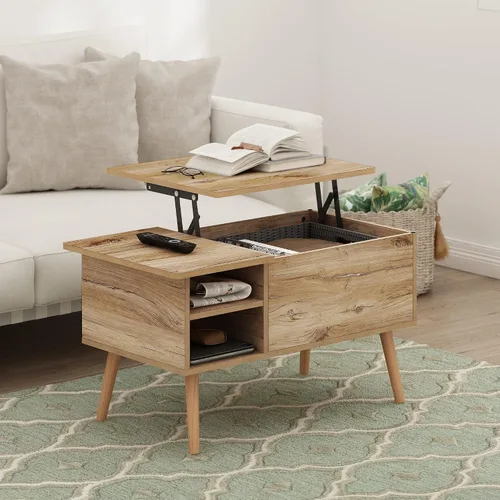 Vista 2 de Furinno Jensen Mesa de centro de madera para sala de estar, con compartimento oculto y estante de almacenamiento lateral abierto, roble Flagstaff