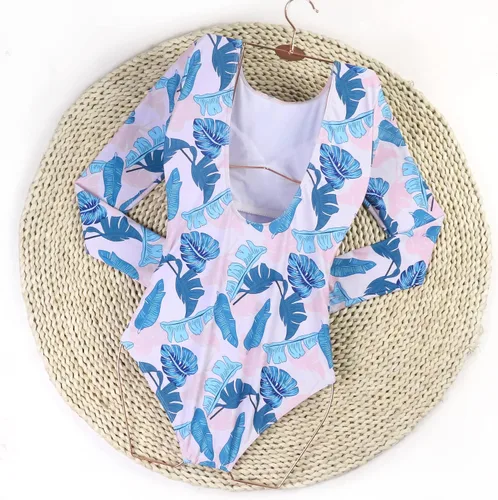 Vista 4 de CPUTAN Traje de baño de una pieza de manga larga sin espalda con estampado floral para mujer