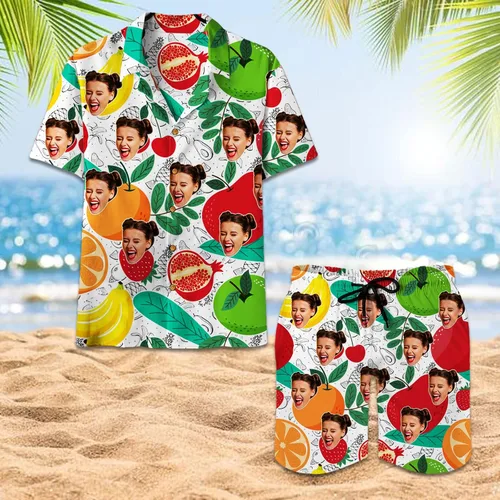 Vista 4 de Personalized Custom Face Tropical Unisex Hawaiian Shirt and Shorts Set with Bucket Hat S-5XL