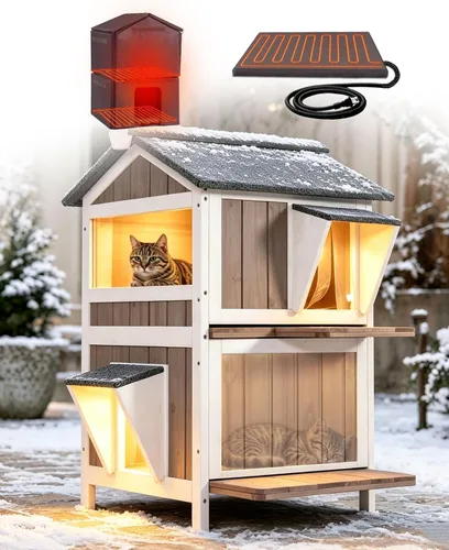 Vista 17 de Cat House - Casa para gatos con cortina para gatos con aislamiento, techo resistente a la intemperie (cubierta individual)