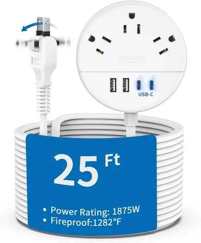 Vista 9 de NTONPOWER - Cable de extensión plano de 25 pies, regleta de alimentación de enchufe plano con 3 tomas, 4 puertos USB (2 USB C), cable de extensión