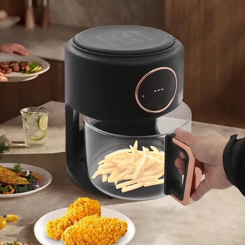 Vista 7 de Freidora de aire de vidrio 4.2L 1200W Tazón de freír transparente Freidora de aire visible de 360° Asado Pantalla digital Control de temperatura