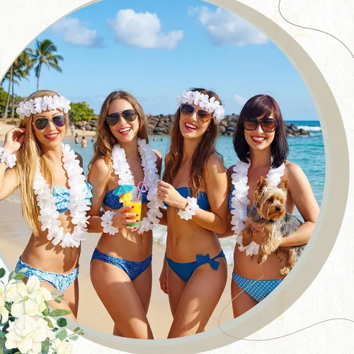 Vista 5 de Hanaive 48 piezas de flores hawaianas blancas Lei para boda a granel floral tropical Luau collar playa guirnalda hawaiana collar pulseras diadema