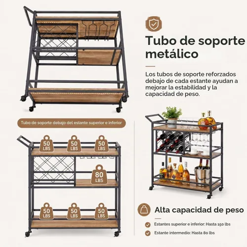 Vista 3 de FATORRI Carrito de bar para el hogar, carritos de vino rodantes sobre ruedas con estantes de madera de 3 niveles, carrito de bebidas de licor