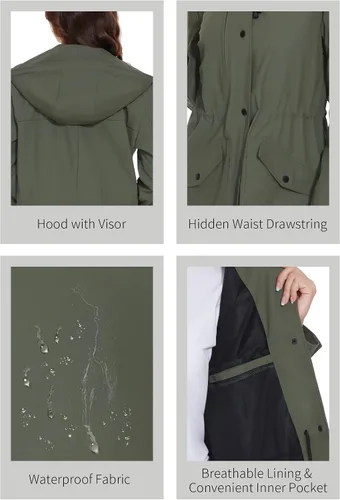 Vista 6 de Fahsyee Chubasquero para mujer, chaqueta impermeable con capucha, rompevientos para exteriores, larga actividad