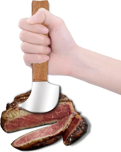 Vista 8 de Cuchillo basculante, cuchillo de carne para cortar carne, juego de hoja curvada y tenedor de acero inoxidable, asas de madera para amantes