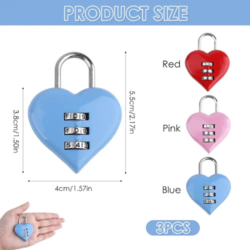 Vista 2 de 3 cerraduras pequeñas en forma de corazón, bonita cerradura de combinación para mujeres y niñas, seguridad sin llave para mochilas, taquillas