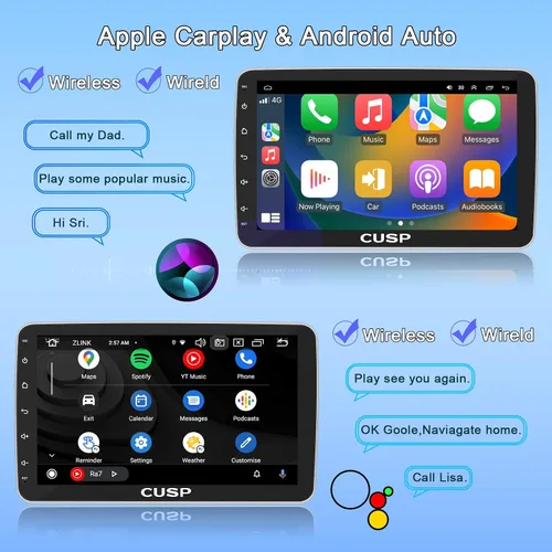 Vista 3 de CUSP Radio estéreo de coche doble DIN Android de 10.1 pulgadas con CarPlay inalámbrico y Android Auto, pantalla táctil QLED giratoria de 360°