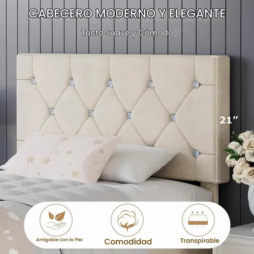 Vista 4 de VECELO Base de cama tamaño individual con plataforma tapizada con cabecera ajustable de botones de diamante, soporte de listones de madera,