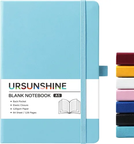 Vista 16 de Cuaderno punteado, diario, 5.3 x 8.26 pulgadas, tapa dura, prémium, papel grueso, doble espiral, bandas, cuero negro sintético, lazo para bolígrafo