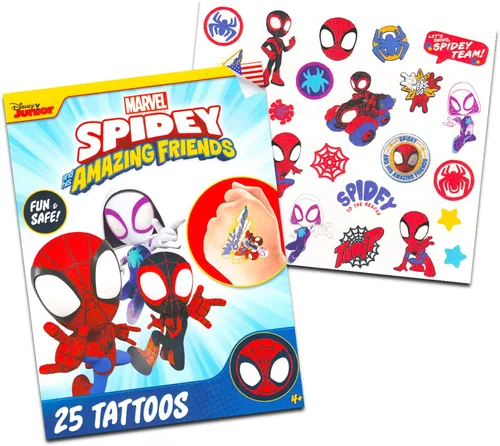 Vista 4 de Spidey and His Amazing Friends - Juego de batería de juguete para niños, paquete con juego de música de batería de Spiderman, tatuajes Spidey, más
