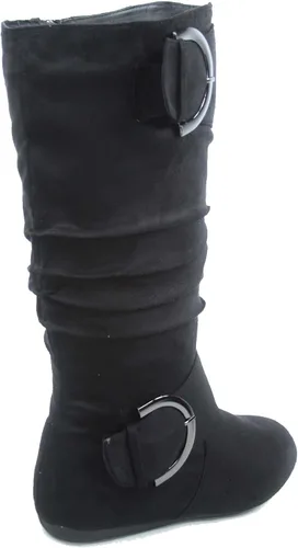 Vista 3 de TOP Moda Bank-81 Botas de mujer con puntera redonda, tacón plano, cierre de cremallera y hebilla, estilo holgado. Negro
