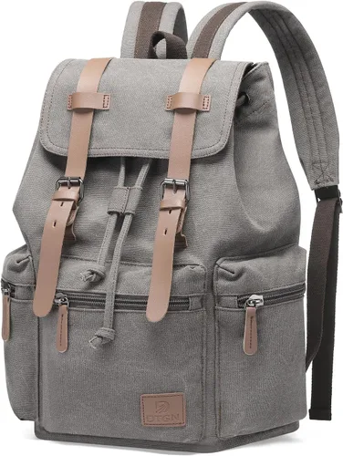 Vista 8 de DTGN Mochila de lona vintage para hombres y mujeres, mochila casual duradera con acento de cuero, se adapta a la universidad, trabajo, viajes y al
