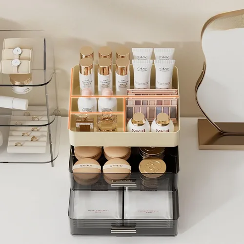 Vista 5 de Organizador de maquillaje para tocador, organizador de tocador con 2 cajones, organizadores de maquillaje y cuidado de la piel, vitrina de Crema