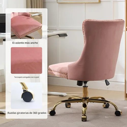 Vista 8 de Silla de escritorio de oficina en casa de terciopelo rosa con ruedas y base dorada, cómoda silla de tocador para maquillaje con respaldo copetado