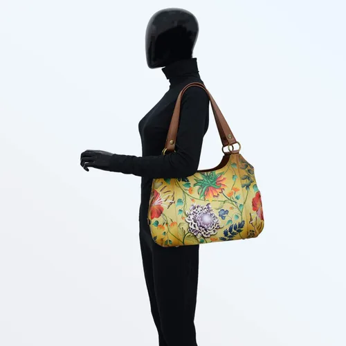 Vista 4 de Anuschka Hobo grande de cuero genuino con triple compartimento para mujer, exterior pintado a mano