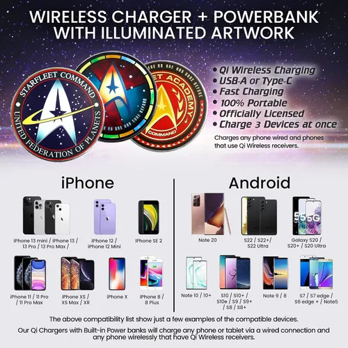 Vista 6 de Cargador Inalámbrico Iluminado Star Trek con Paquete de Batería de Respaldo Integrado para Carga Alámbrica y Sin Alambres – Cargador de Teléfono