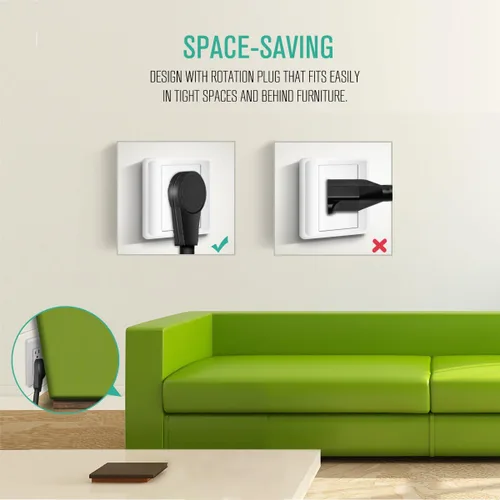 Vista 4 de Nekteck - Cable de extensión de 1 pie de enchufe plano giratorio de 360°, cable de alimentación de 3 clavijas 14AWG/15A, cable de alimentación