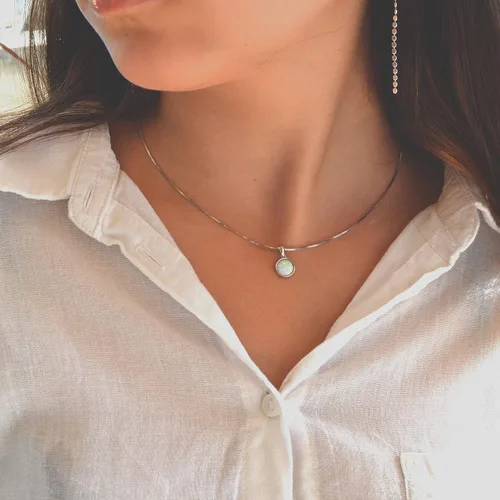 Vista 9 de Collar de ópalo blanco, collar de plata de ley con colgante de ópalo redondo de 0.236 in, collar con colgante de cadena de caja, extensor de 16 + 2