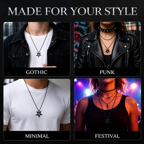Vista 3 de TempBeau Collar con colgante de pentagrama satánico Baphomet, joyería Negro