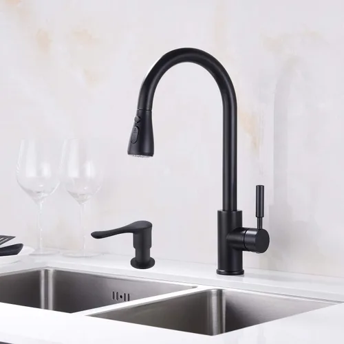 Vista 7 de Dispensador de jabón para fregadero de cocina, dispensador de fregadero integrado negro con cabezal de bomba de latón macizo, resistente a