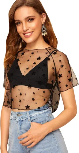 Vista 3 de Sweatyrocks - Blusa de manga corta de tela de malla transparente para mujer
