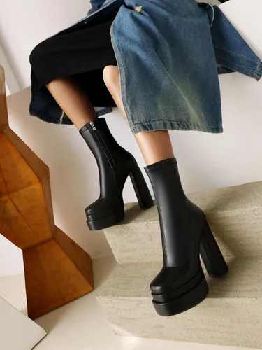 Vista 2 de vivianly Botas de plataforma a media pantorrilla para mujer, con punta cuadrada, tacón grueso, botines con cremallera lateral Chelsea