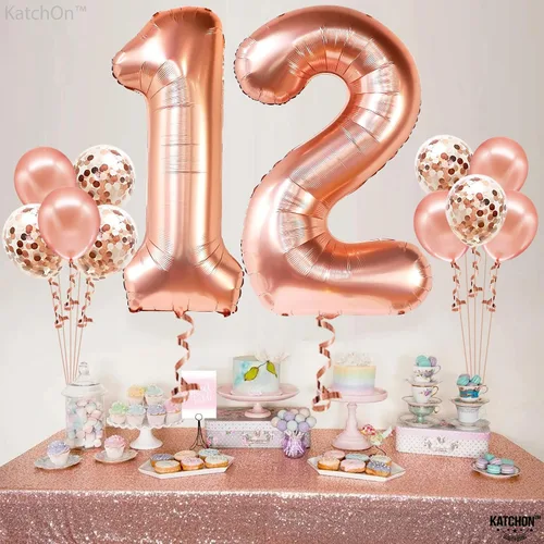 Vista 2 de KatchOn, Globo del número 12, globos de aluminio de Mylar de oro rosa de 40 pulgadas Globos gigantes del número 1 y 2 con 5 globos de látex y 5