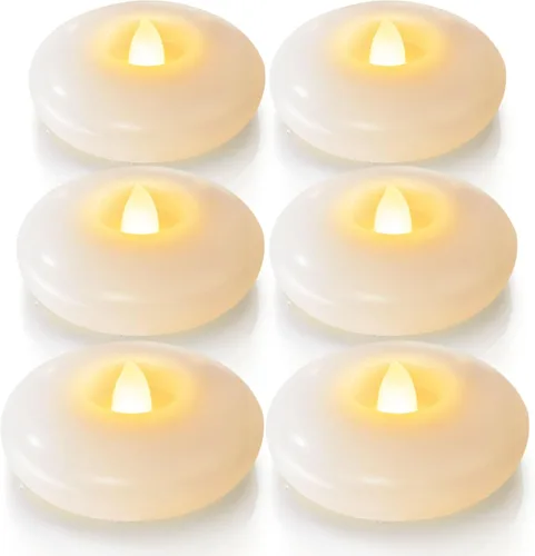 Vista 17 de Homemory Paquete de 6 velas flotantes LED sin llama de 3", 200 horas de duración con pilas, luces de té parpadeantes impermeables para jarrones