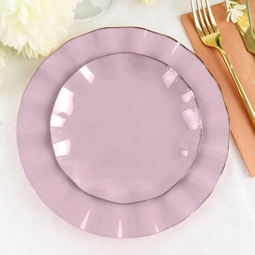 Vista 152 de Tableclothsfactory Paquete de 10 platos redondos de plástico negro de 6 pulgadas para ensalada de postre, platos desechables con borde ondulado