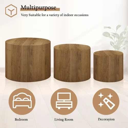 Vista 6 de Vikiullf Juego de 3 mesas de centro anidadas, mesas redondas de madera, mesa circular moderna para sala de estar, dormitorio, mesa auxiliar