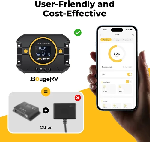 Vista 2 de BougeRV Li 10A PWM Controlador de carga solar 12V 24V, regulador de panel solar con pantalla retroiluminada, puerto USB, parámetro ajustable
