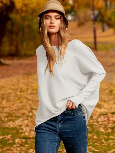 Vista 5 de Caracilia Women Boat Neck Batwing Long Sleeve 2024 Fall Oversized Ribbed Knit Pullover Sweaters Baggy Jumper Tunic Tops