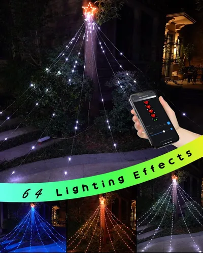 Vista 6 de Luces de decoración navideña para exteriores con estrella, pantalla inteligente de bricolaje personalizada de 100 modos, 3.6 m, cascada de árbol