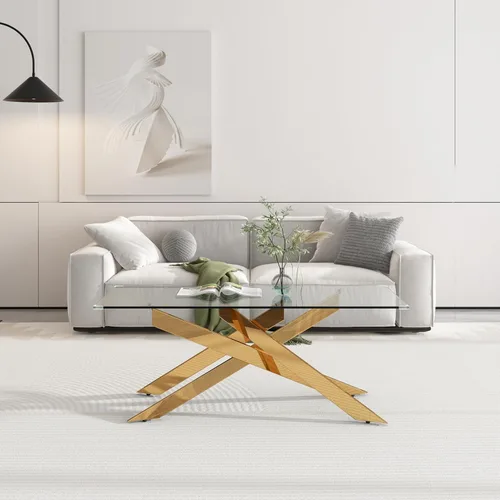 Vista 3 de Mesa de centro rectangular moderna de cristal, mesa central de vidrio templado y patas de metal chapado en oro para sala de estar, oficina en casa