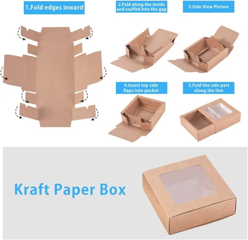 Vista 4 de BENECREAT Paquete de 20 cajas cuadradas de papel kraft de 3.5 x 3.5 x 1.2 pulgadas, caja de cajón con tapa de ventana de PVC para fiesta de Marrón