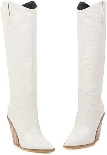 Vista 3 de HENWERD - Botas de tacón grueso hasta la rodilla para mujer, cómodas botas vaqueras occidentales con punta puntiaguda