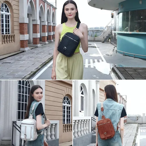 Vista 2 de Bolso Bandolera Mochila Cruzada - 2 en 1 Bolso Cruzado de Cuero Riñonera con 2 Correas Extraíbles Mini diaper bag, Instant Wipes pocket
