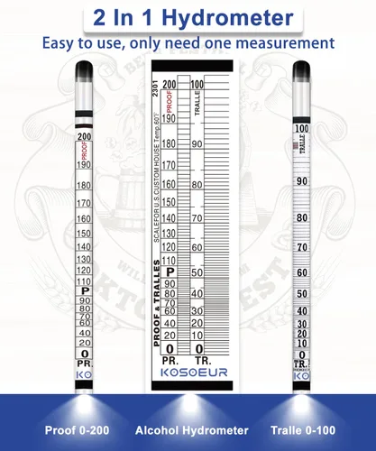 Vista 6 de Kit de medidor de alcohol hidrómetro, hidrómetro de alcohol 0-200 a prueba y Tralle, probador de alcohol para licor, hidrómetro de alcohol para luz