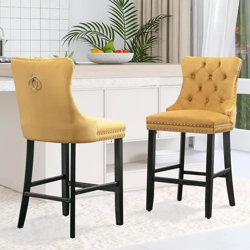 Vista 181 de SoarFlash Juego de 2 taburetes de bar tapizados de terciopelo moderno con patas de madera, botones acolchados, cabeza de clavo cromada, asiento